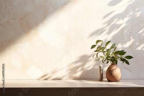 Fotografia Minimal Elegance: Abstract White Stone Podium with Delicate Leaf Shadows, Exudin