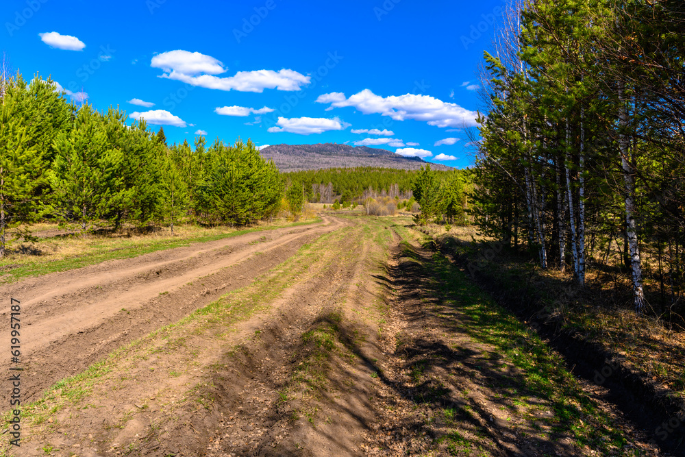 South Ural forest road with a unique landscape, vegetation and diversity of nature in spring.