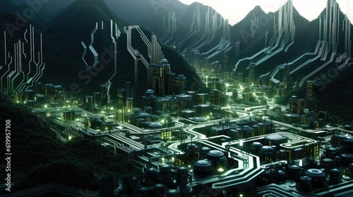  a horizontal format   a digital city landscape based on digital circuitry  in a JPG. Generative AI
