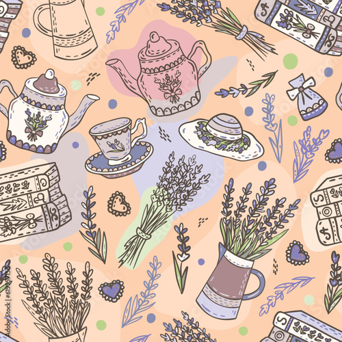 Hand drawn lavender, tea, cup, teapot and books. Cute seamless vector pattern in pastel purple and beige colors. Vintage print for fabric, textile. Atmosphere of french provence or village
