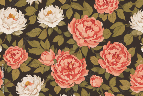 Vector seamless pattern with pink and white flowers
and small peony buds, green leaves. 
Floral background.