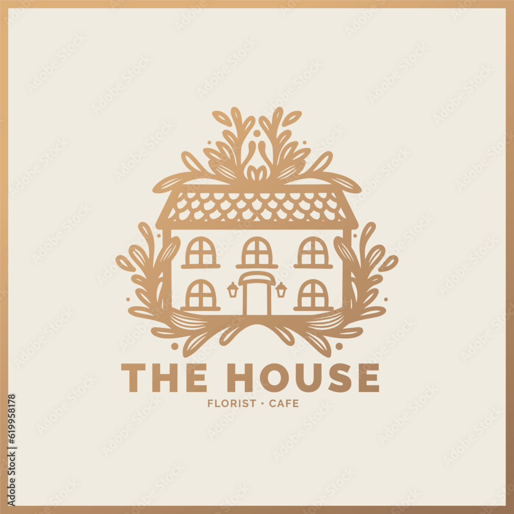 Hand drawn floral logo, hand drawn house logo, house logo, house illustration, home logo, building logo, build