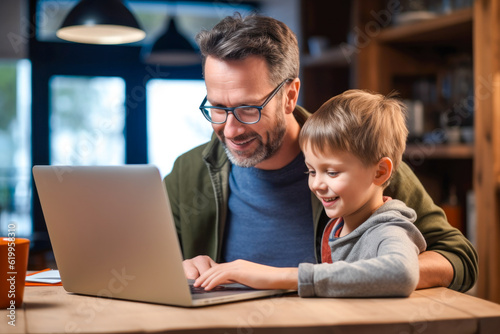 Father teaching a child at home, displaying dedication and patience in a homeschooling setting or helping with a homework on a laptop. Generative AI