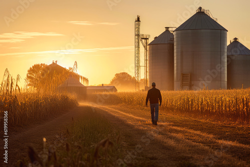 Foto Farmer walking through the corn field at dawn or sunset, grain silo in the distance, depicting rural life and agriculture
