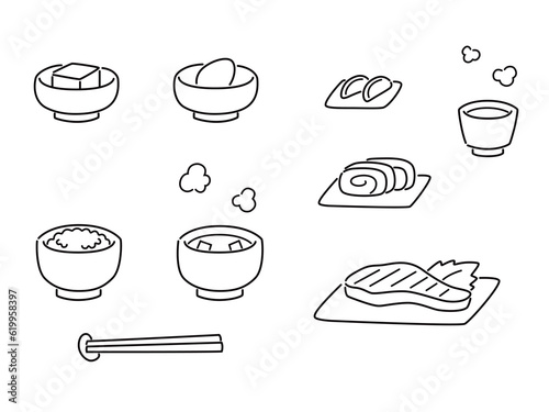 朝食のイラストセット　和食（線画）