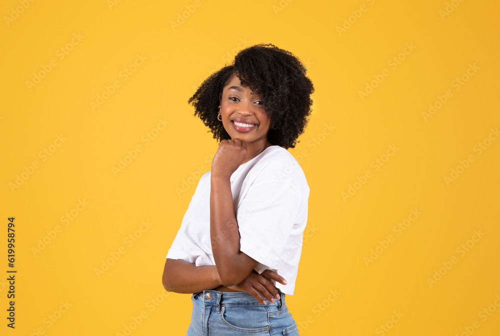 Cheerful millennial black woman in casual enjoy spare time, weekend Cheerful millennial black woman in casual enjoy spare time, weekend