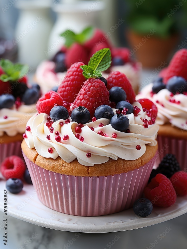 Muffin with cream, raspberries, blueberries, strawberries, wild berries. ai generated