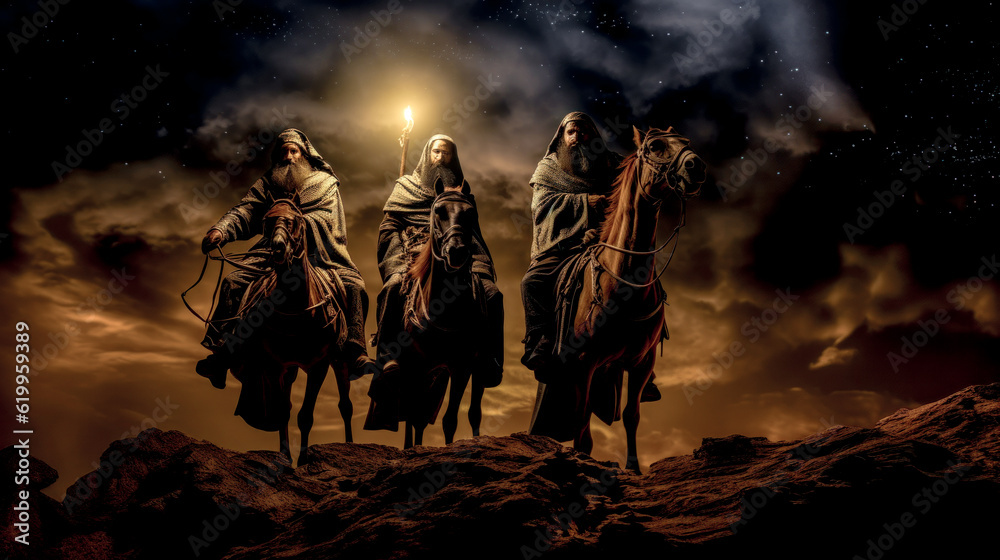 Fototapeta premium Epiphany Bethlehem Three Wise Men on their Way to Bethlehem Mary and Joseph and Baby Jesus Wallpaper Generative AI Digital Art Illustration