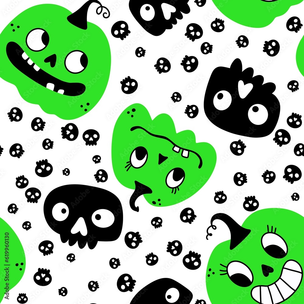 Obraz premium Pumpkins cartoon Halloween seamless skulls pattern for wrapping paper and fabrics and linens and kids clothes