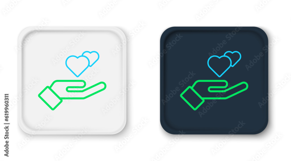 Line Heart in hand icon isolated on white background. Hand giving love symbol. Valentines day symbol. Colorful outline concept. Vector Line Heart in hand icon isolated on white background. Hand giving love symbol. Valentines day symbol. Colorful outline concept. Vector