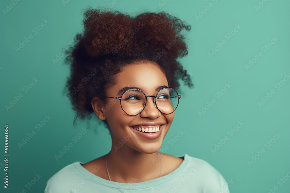 Pretty young afro-american smiling lady on the mint green background. Generative AI Pretty young afro-american smiling lady on the mint green background. Generative AI