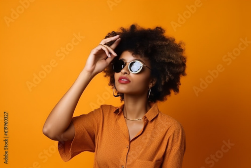 Young stylish afro-american woman posing in sunglasses on the yellow and orange gradient studio background. Generative AI