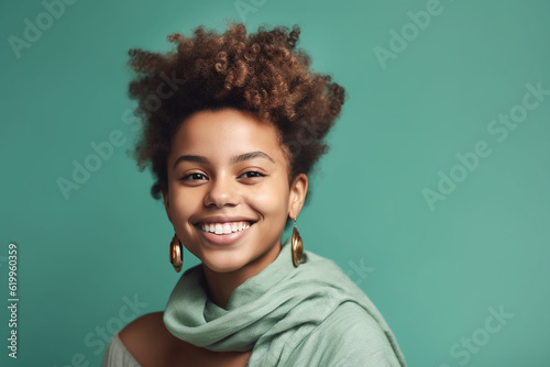 Pretty young afro-american smiling woman on the mint green background. Generative AI