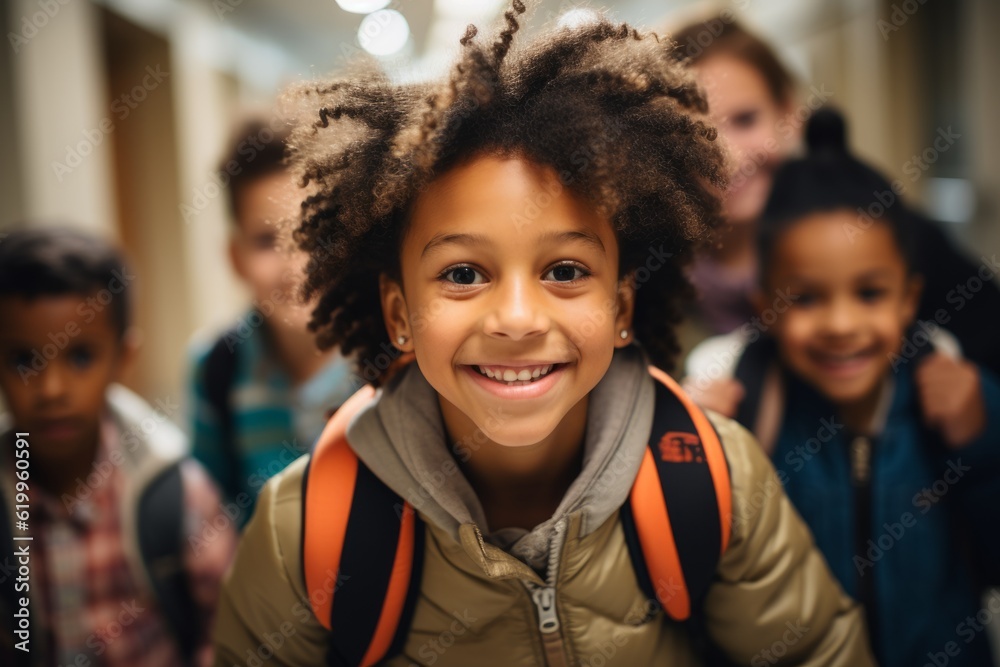 Group of school afro american kids running through school corridor, Back to school concept Group of school afro american kids running through school corridor, Back to school concept