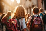 Young people with backpacks going to school, back to school concept