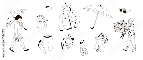 girl with umbrella  and boy with bouquet of roses flowers , set elements about protective measures against the solar radiation and UV ultraviolet in the city life black and white vector illustration