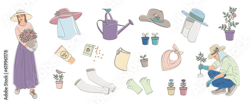 woman with flowers pot  and man in a protective hat, set elements about protective measures against the solar radiation and UV ultraviolet during gardening 