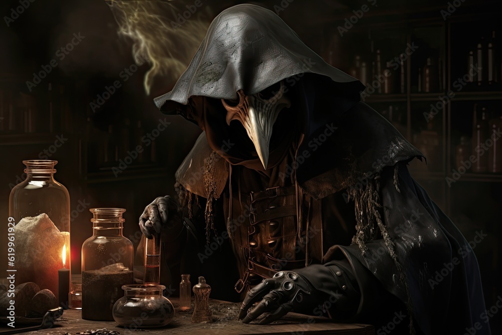 medievil plague doctor preparing to mix potions for protection against ...