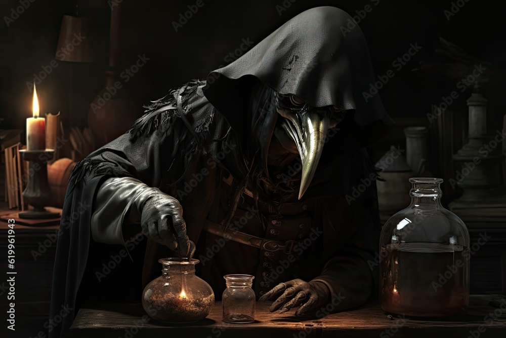 medievil plague doctor preparing to mix potions for protection against
