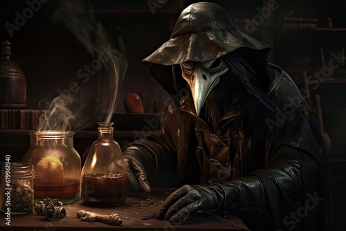 medievil plague doctor preparing to mix potions for protection against old diseases, spooky and mysterious, generated by AI 