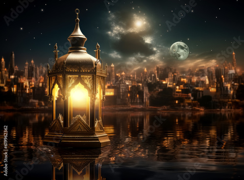 Ramadan lantern with golden halo and moon on a city scene, dreamlike atmosphere, dark and light bronze.