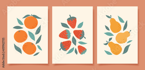 Collection of abstract prints contemporary art. Summer hand drawn fruits and berries. Oranges, pears and strawberry. Modern design for posters, cards, prints.