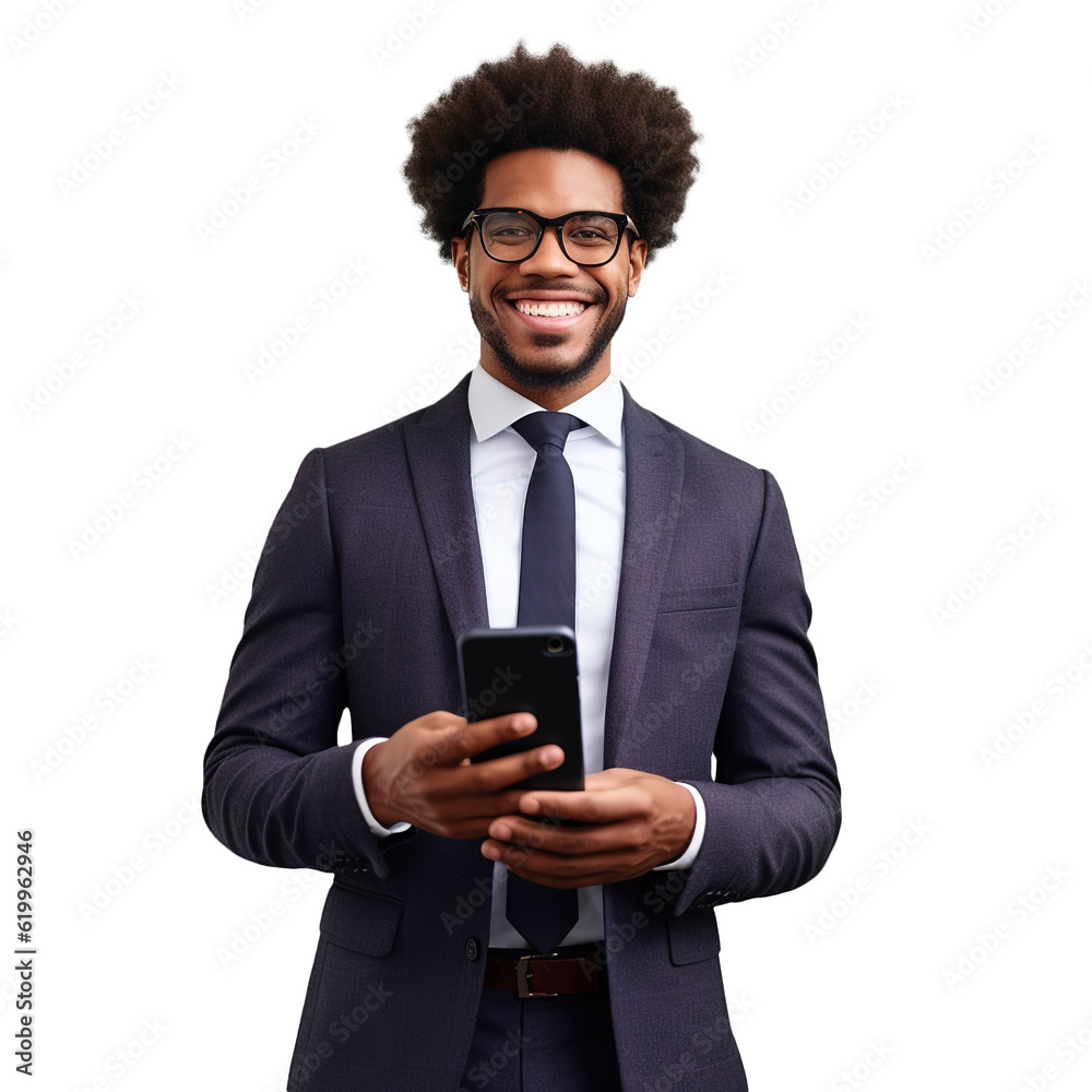 Portrait of handsome mixed race businessman using smart phone over white transparent background Portrait of handsome mixed race businessman using smart phone over white transparent background