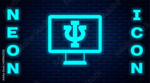 Glowing neon Online psychological counseling distance icon isolated on brick wall background. Psychotherapy, psychological help, psychiatrist online consulting. Vector