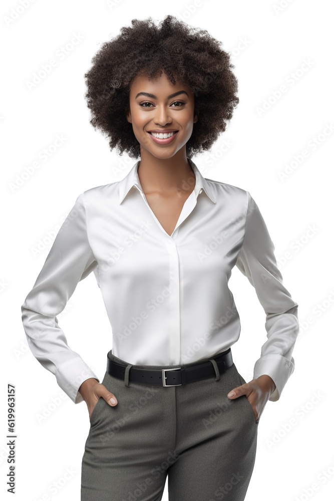Afro American businesswoman posing with a smile over white transparent background Afro American businesswoman posing with a smile over white transparent background