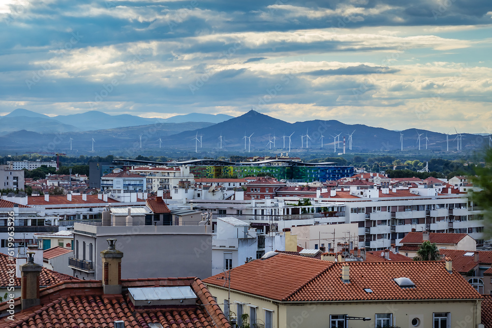 Fototapeta premium Red roofs of medieval French town Perpignan. Perpignan, Pyrenees-Orientales, France.