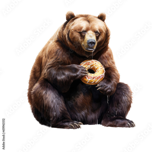 a hungry Grizzly/Brown bear eating a big donut, Fun-themed, photorealistic illustration in a PNG, cutout, and isolated. Generative AI © Purple Penguin GFX