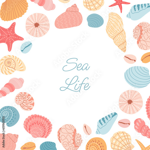 Seashell and starfish round frame. Seashells border template with copy space for text. Sea design for invitation, poster, card, flyer, banner.