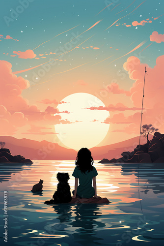 A girl and her puppy go fishing. AI generative