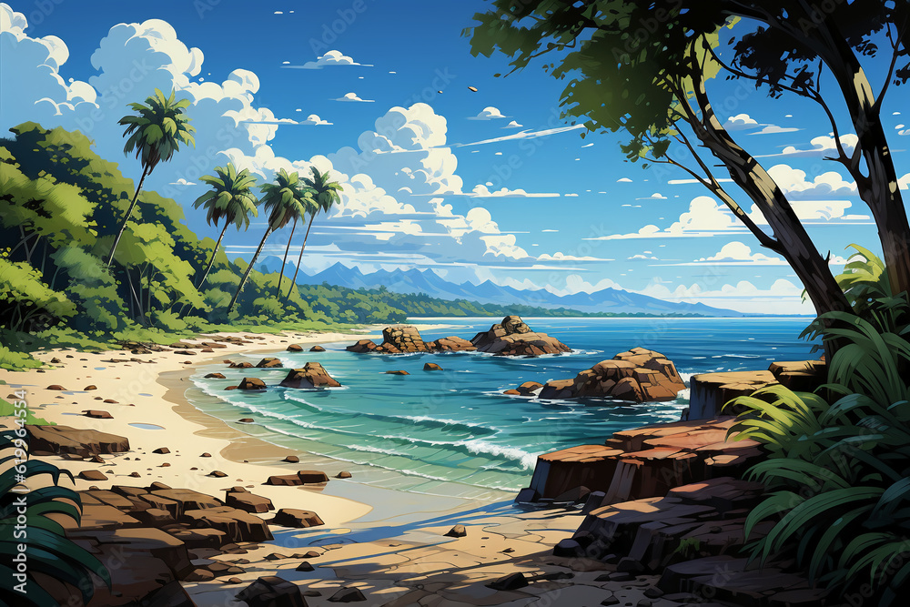 Fototapeta premium Anime Vector Art, Tropical Coastline. AI generative