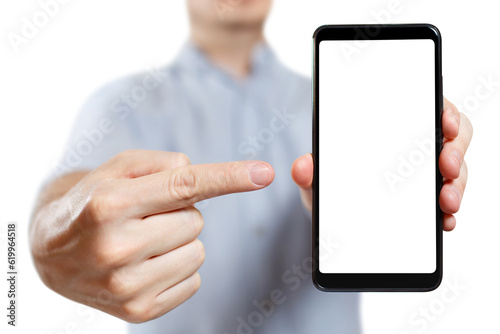 Man holding a smartphone and pointing at its screen, cut out photo