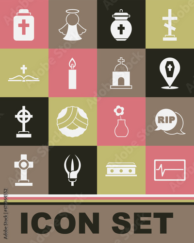 Set Beat dead in monitor, Speech bubble rip death, Coffin with cross, Funeral urn, Burning candle, Holy bible book, and Old crypt icon. Vector