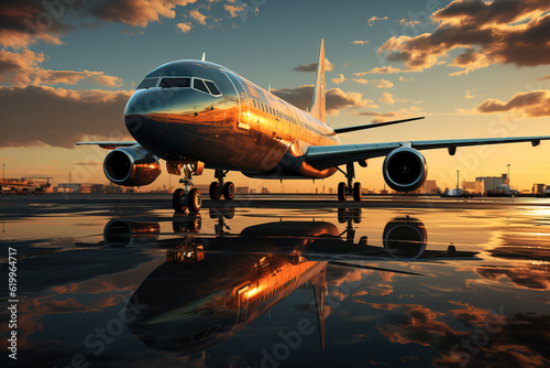 Cargo airplane on runway at sunset