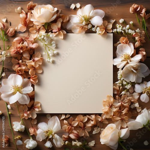 Beautiful flowers with paper invitation mockup on a wooden background