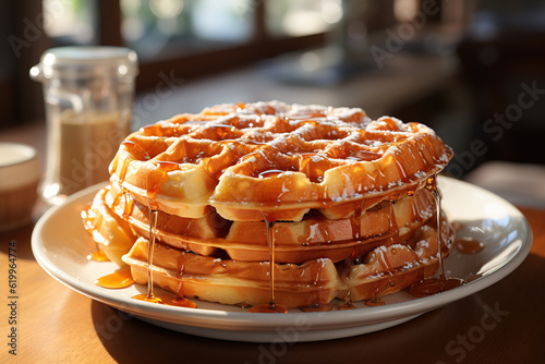 Delicious stack of waffles with syrup photo