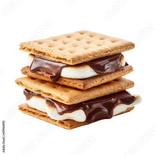 a delicious Smore with melted Chocolate crunchy Graham Cracker and a gooey Marshmellow, camping, isolated,  Food-themed, photorealistic illustrations in a PNG, cutout, and isolated. Generative AI