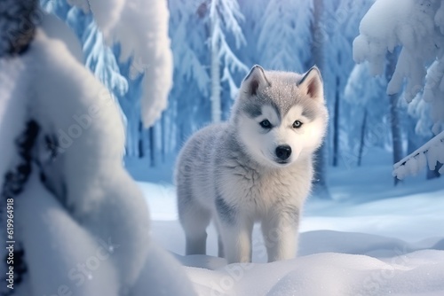 Siberian husky puppy in a snowy landscape  generative ai