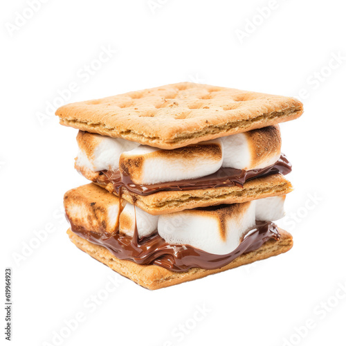 a delicious Smore with melted Chocolate crunchy Graham Cracker and a gooey Marshmellow, camping, isolated,  Food-themed, photorealistic illustrations in a PNG, cutout, and isolated. Generative AI