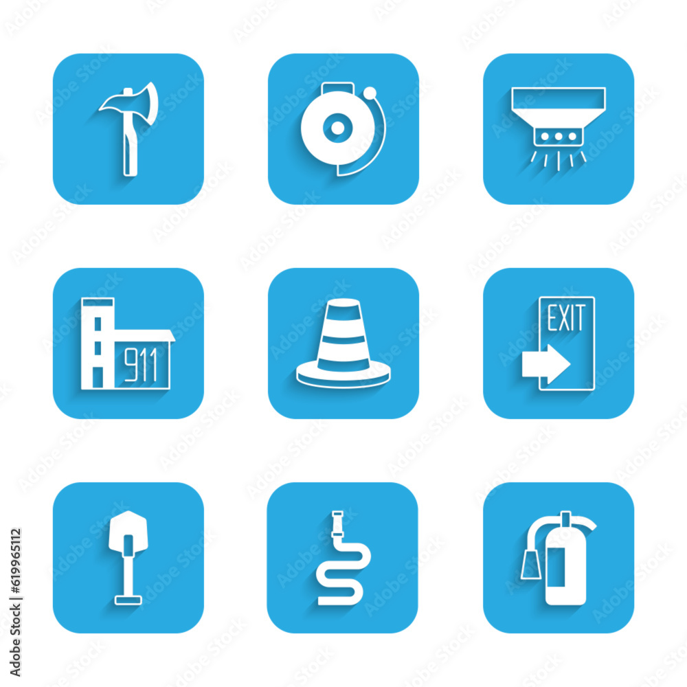Set Traffic cone, Fire hose reel, extinguisher, exit, shovel, Building of fire station, sprinkler system and Firefighter axe icon. Vector Set Traffic cone, Fire hose reel, extinguisher, exit, shovel, Building of fire station, sprinkler system and Firefighter axe icon. Vector