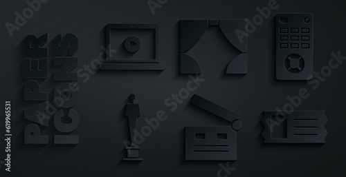 Set Movie clapper, Remote control, trophy, Cinema ticket, Curtain and Online play video icon. Vector