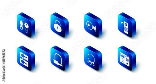 Set Lock, Key, Digital door lock, House intercom system, Bunch of keys, Bicycle, Casting and with icon. Vector
