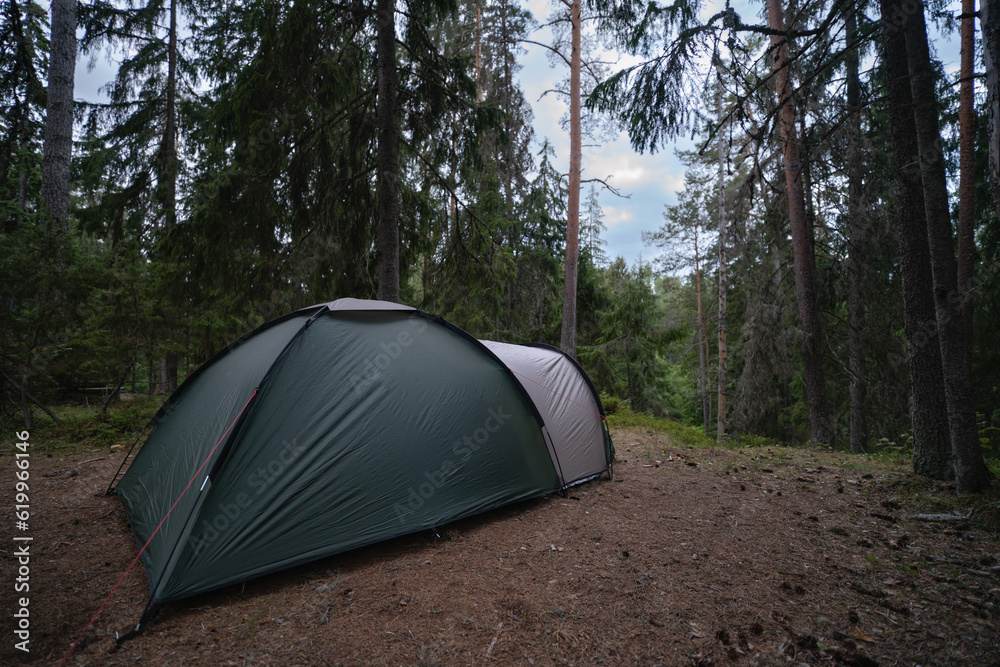 Tent in the forest on a summer evening, side view.