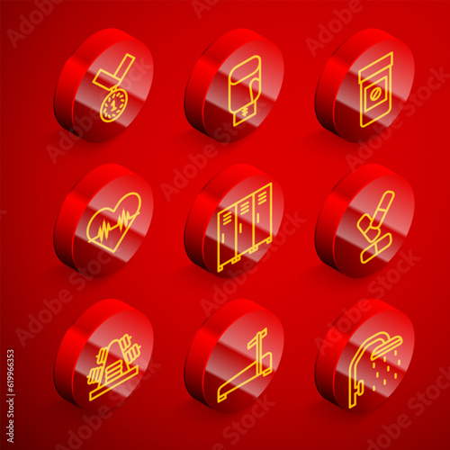 Set line Medal, Boxing glove, Anabolic drugs, Heart rate, Locker or changing room, Vitamin pill, Metal rack with weights and Treadmill machine icon. Vector