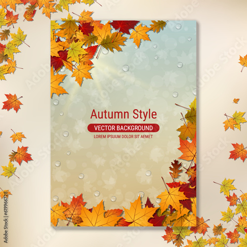 Autumn flyer with colorful leaves, banner, booklet, poster, placard, mockup, brochure cover vector template. A4 format