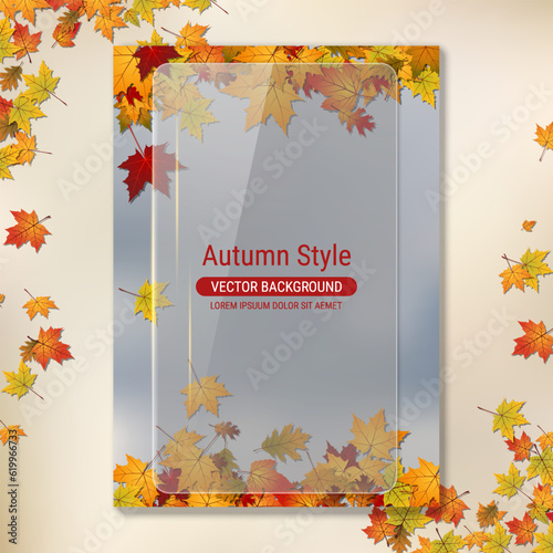 Autumn flyer with colorful leaves, banner, booklet, poster, placard, mockup, brochure cover vector template. A4 format