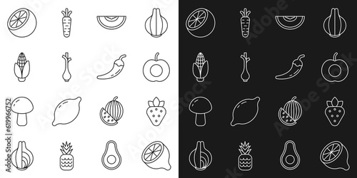 Set line Lemon, Strawberry, Peach fruit, Melon, Fresh green onions, Corn, Orange and Hot chili pepper pod icon. Vector